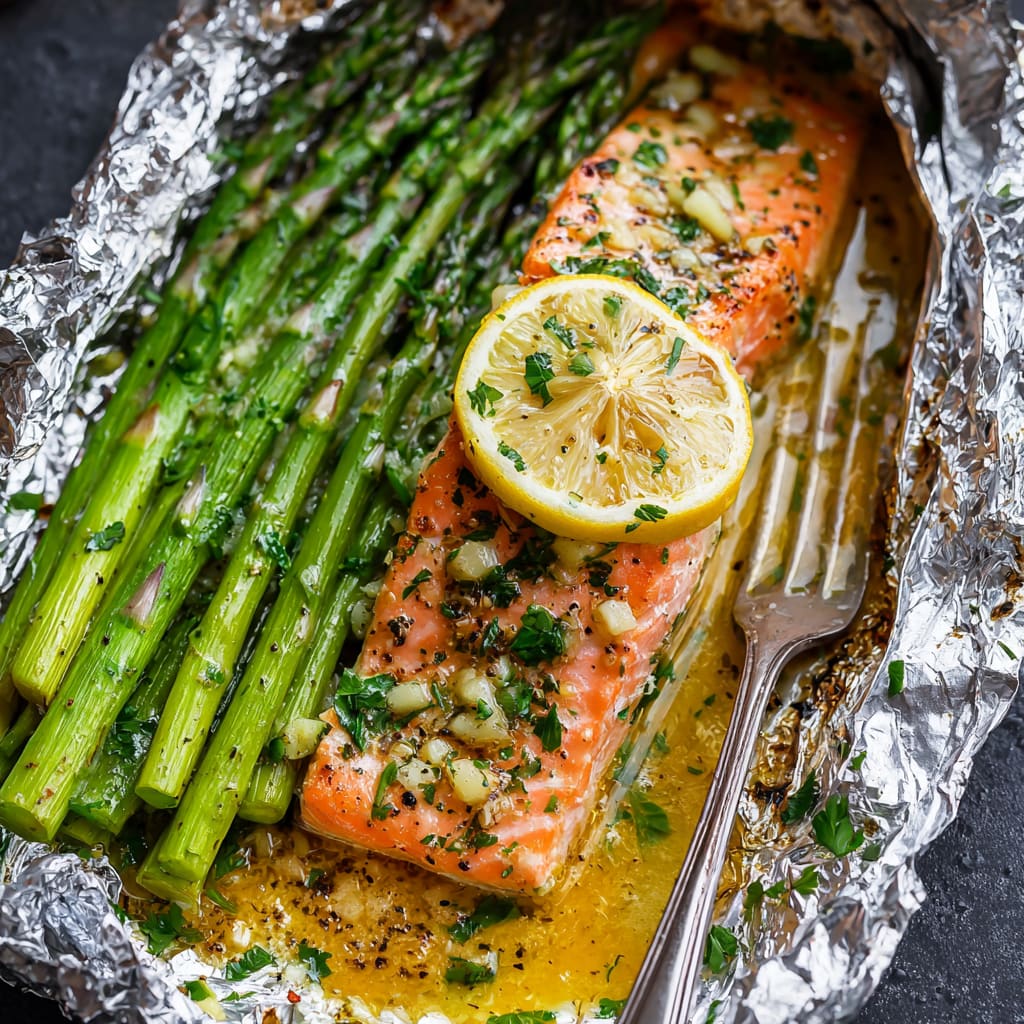 Baked salmon asparagus foil packs Recipe