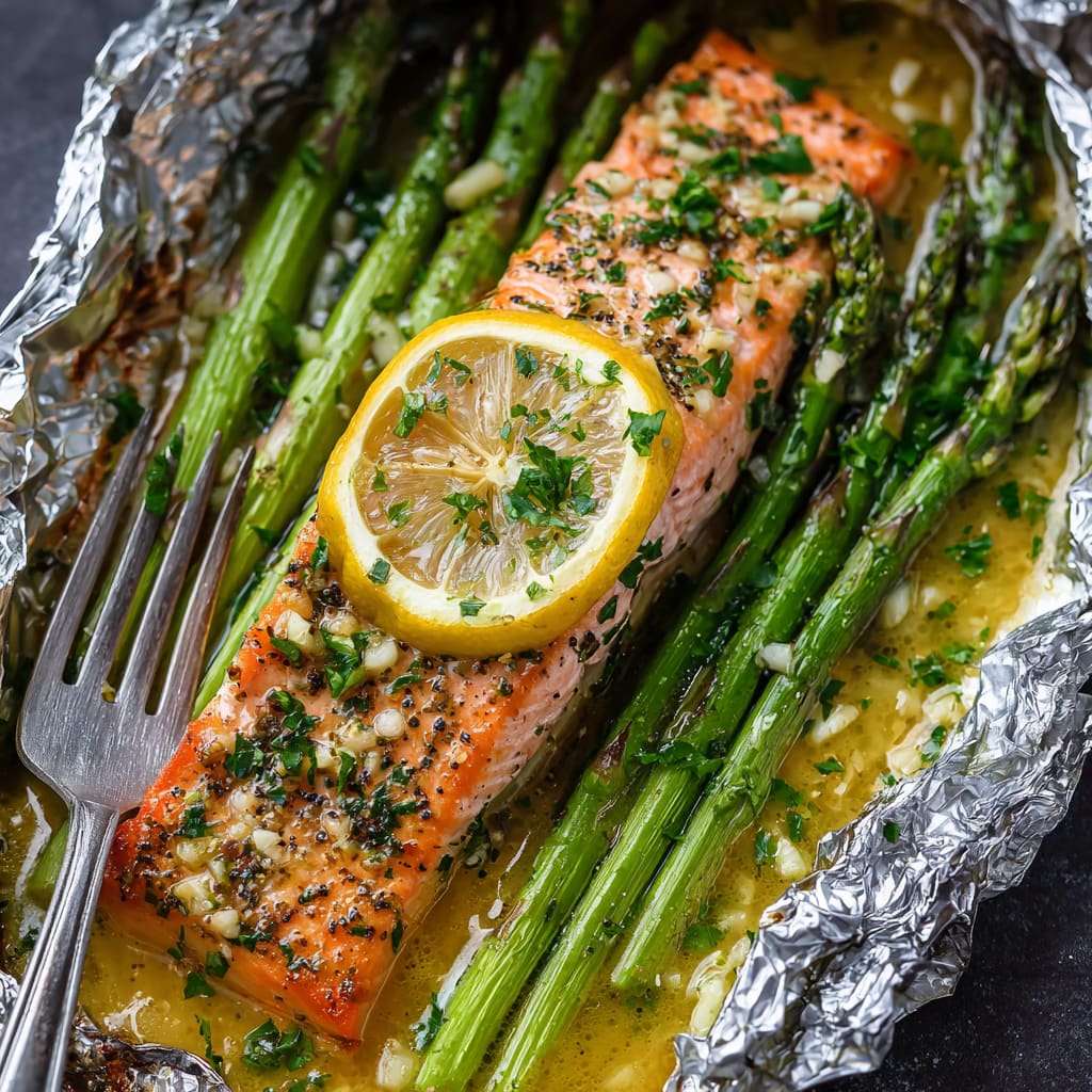 Baked salmon asparagus foil packs Recipe