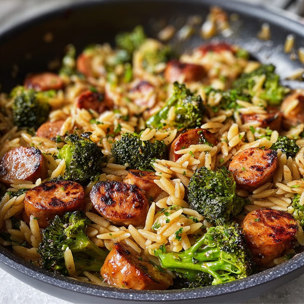 Chicken Sausage, Broccoli, and Orzo Skillet