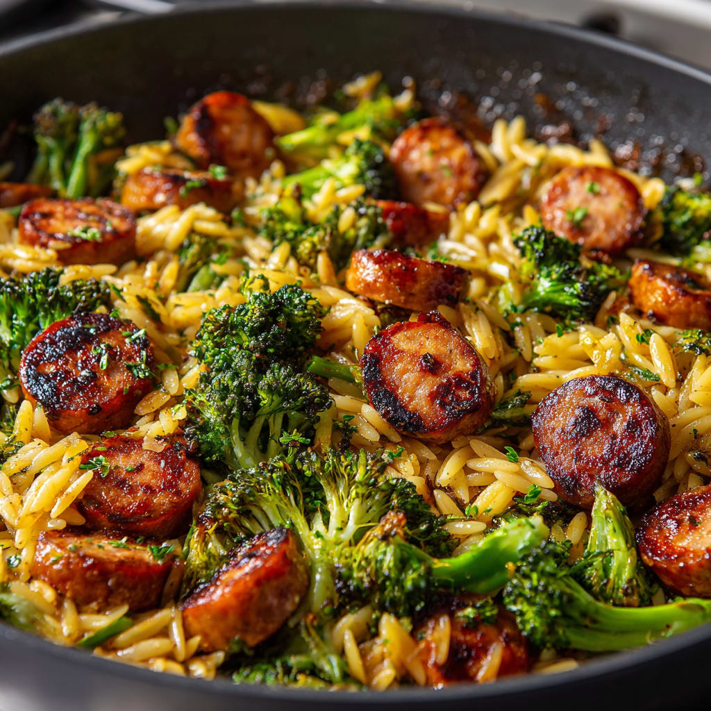 Chicken Sausage, Broccoli, and Orzo Skillet