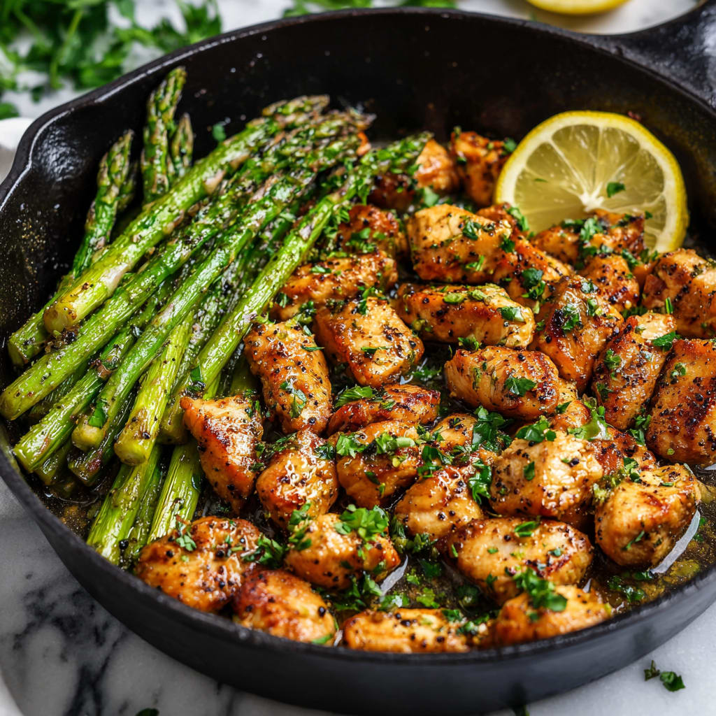 Garlic Butter Chicken Bites with Lemon Asparagus