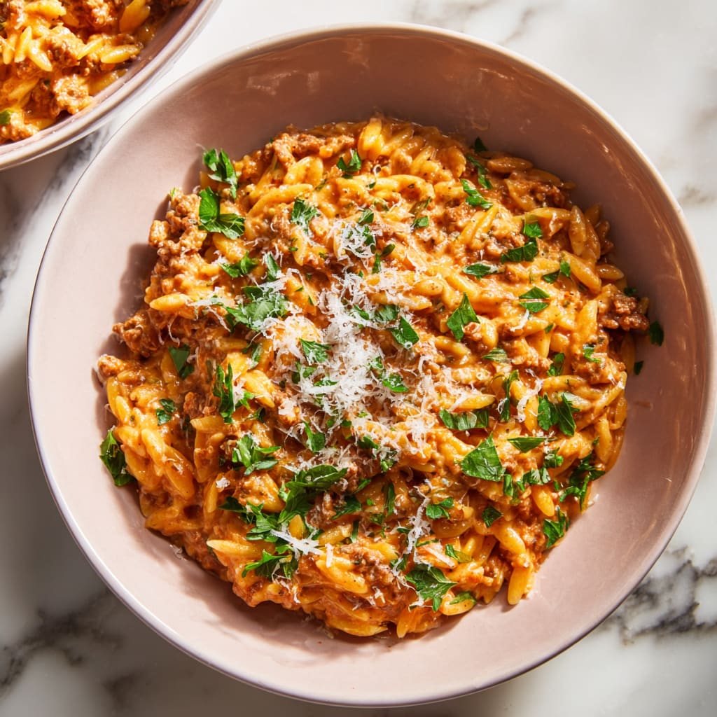 Ground Beef Orzo with Tomato Cream Sauce