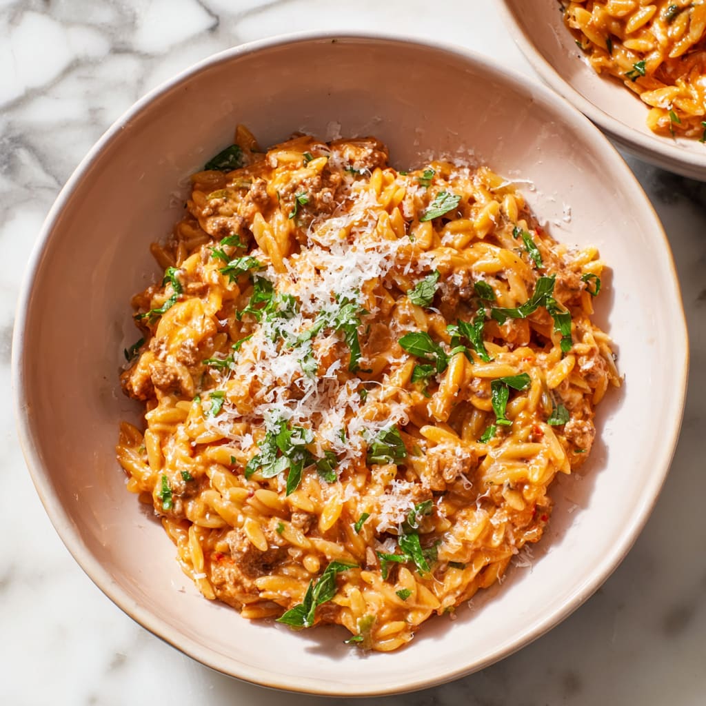 Ground Beef Orzo with Tomato Cream Sauce