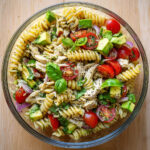 Healthy Chicken Pasta Salad with Avocado, Tomato, and Basil