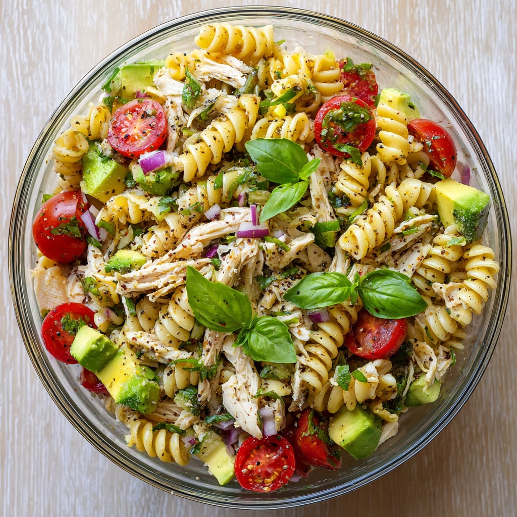 Healthy Chicken Pasta Salad with Avocado, Tomato, and Basil