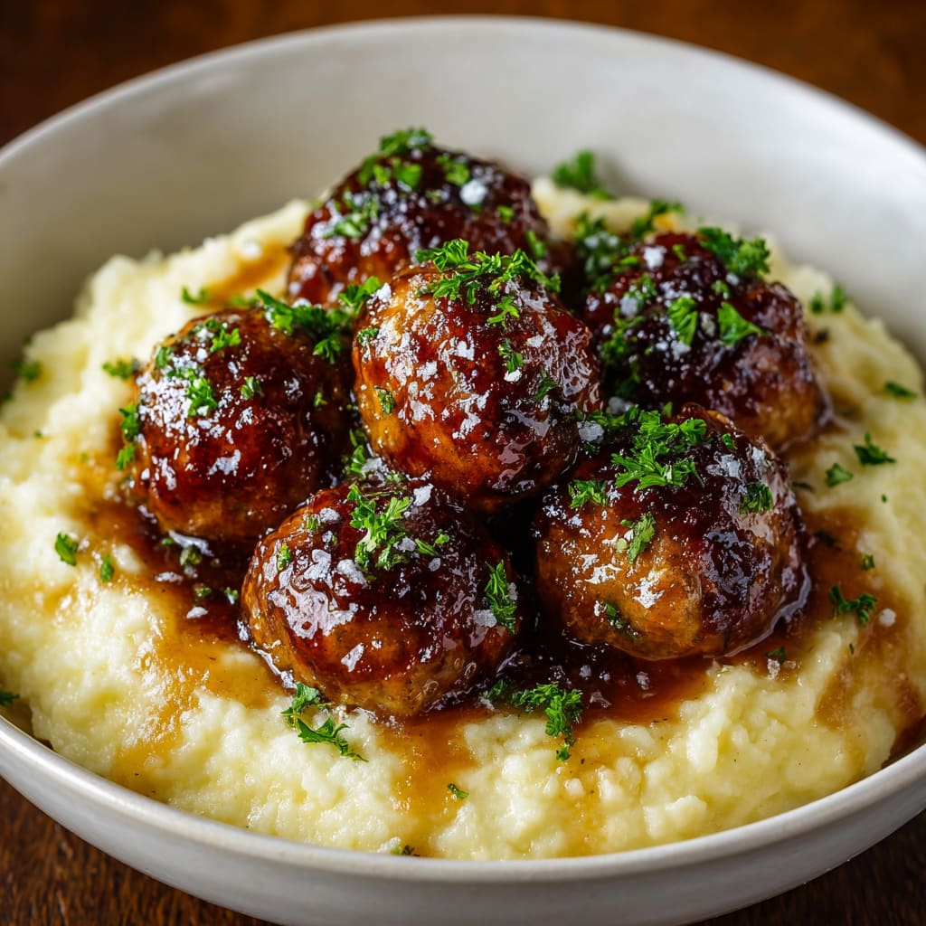 Salisbury Steak Meatballs With Garlic Herb Mashed Potatoes