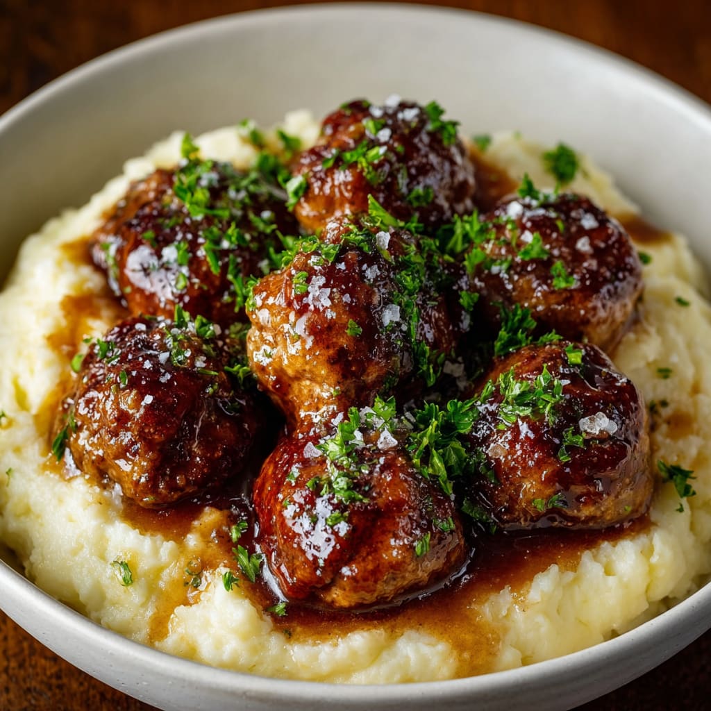 Salisbury Steak Meatballs With Garlic Herb Mashed Potatoes