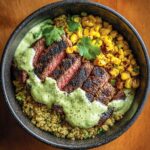 Steak Avocado Roasted Corn Bowl with Cilantro Cream Sauce