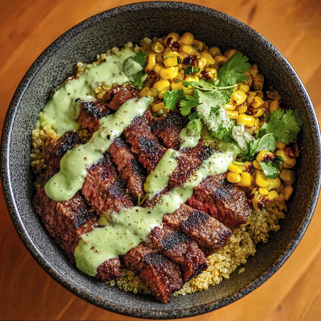 Steak Avocado Roasted Corn Bowl with Cilantro Cream Sauce