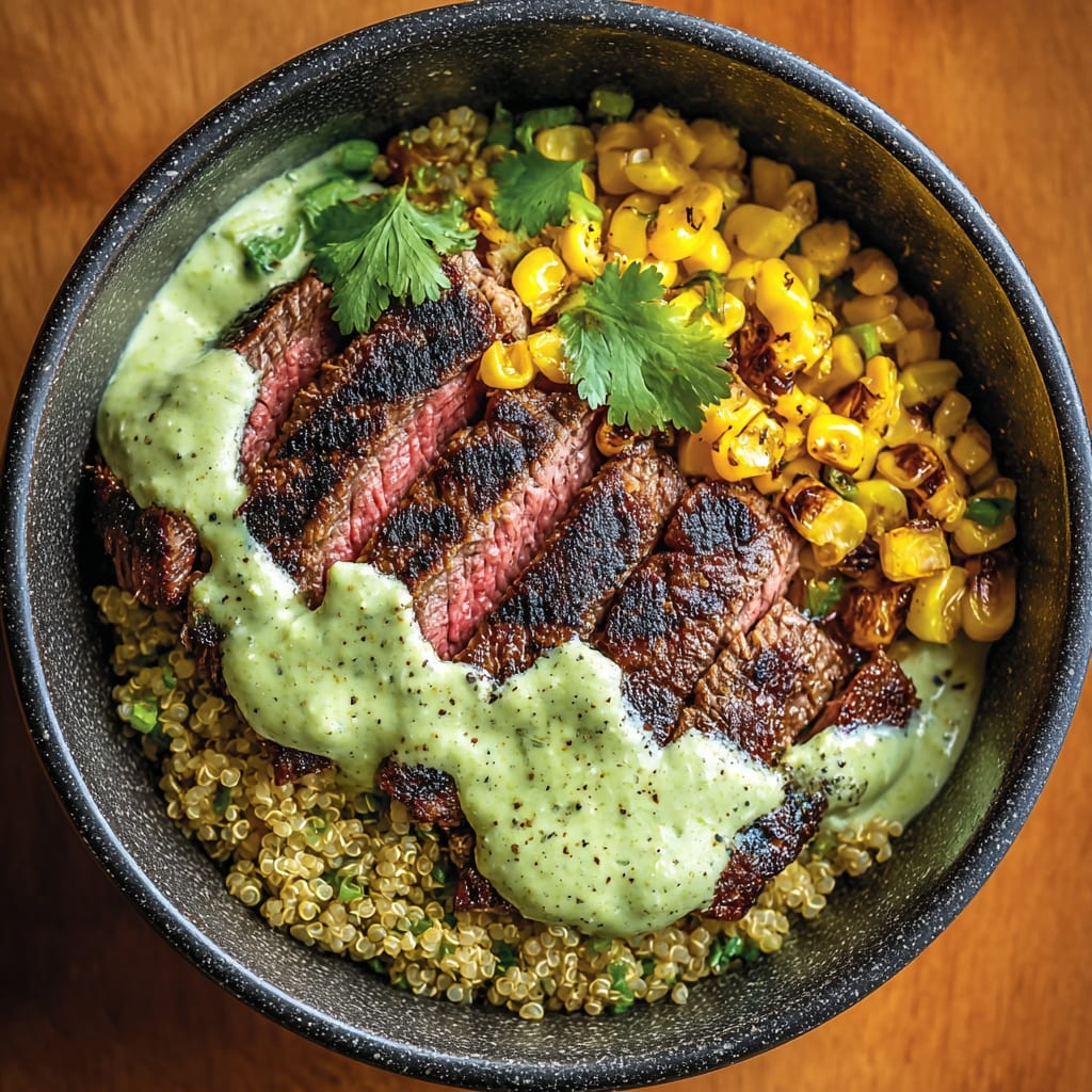 Steak Avocado Roasted Corn Bowl with Cilantro Cream Sauce