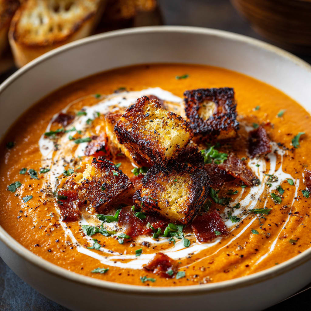 Creamy Tomato Bisque with Grilled Cheese Croutons