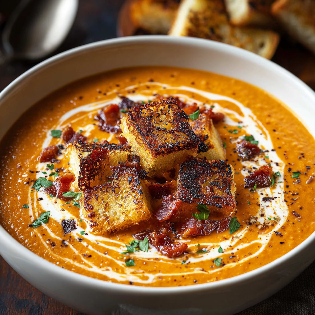 Creamy Tomato Bisque with Grilled Cheese Croutons