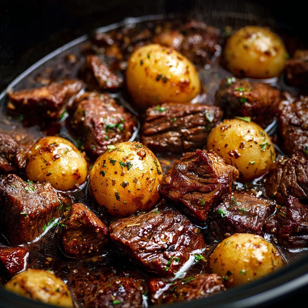 Crockpot Garlic Butter Beef Bites with Potatoes