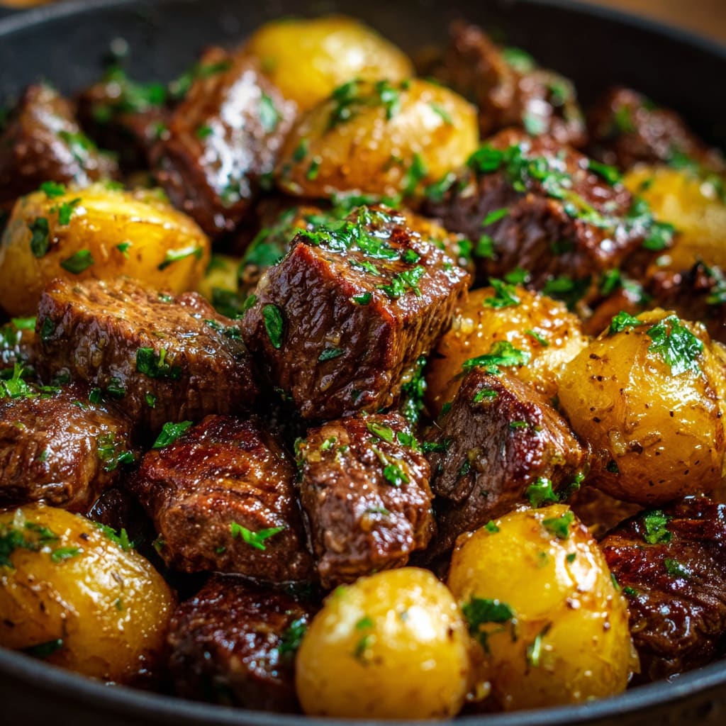 Garlic Butter Beef Bites & Potatoes make a perfect dinner
