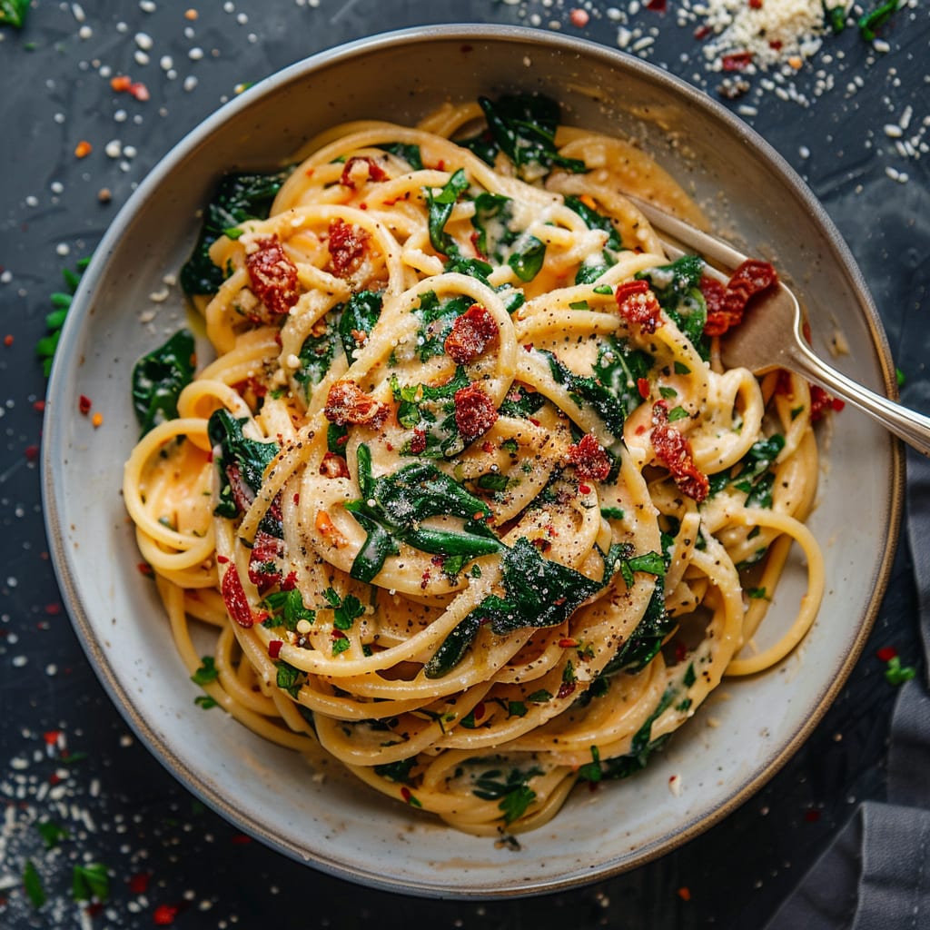 Spaghetti & Spinach with Sun-Dried Tomato Cream Sauce