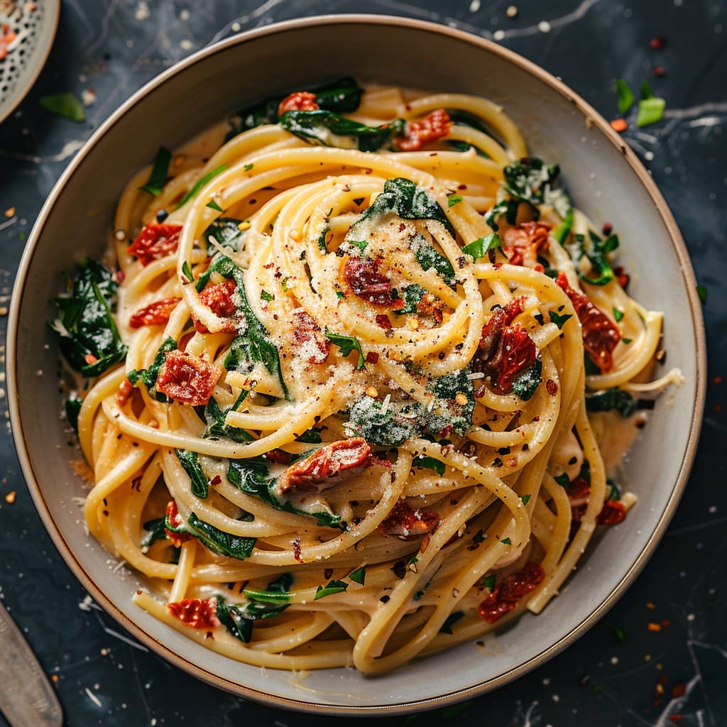 Spaghetti &amp; Spinach with Sun-Dried Tomato Cream Sauce