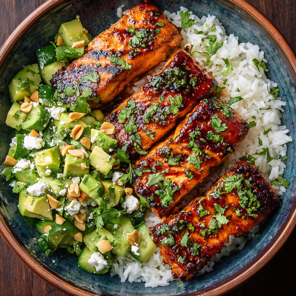Chipotle Glazed Salmon Bowl with Avocado Feta Salad