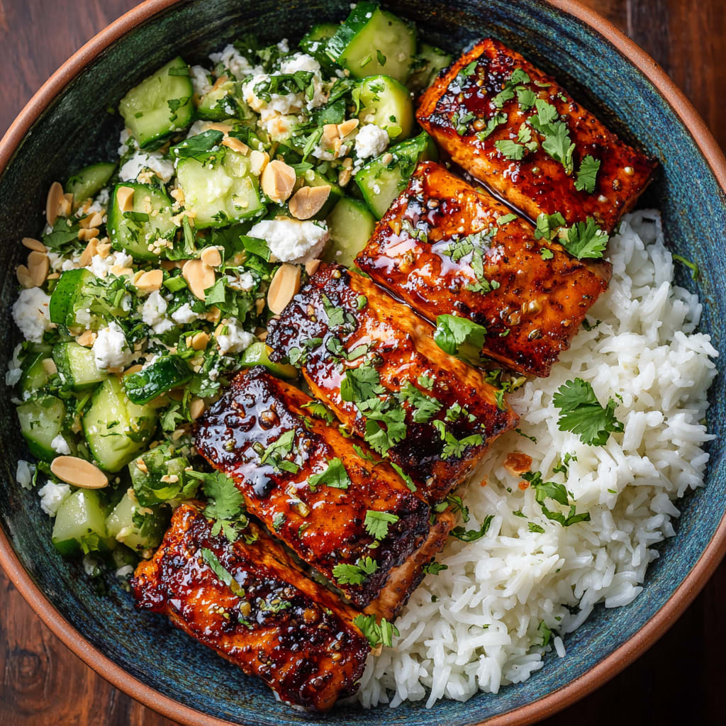 Chipotle Glazed Salmon Bowl with Avocado Feta Salad