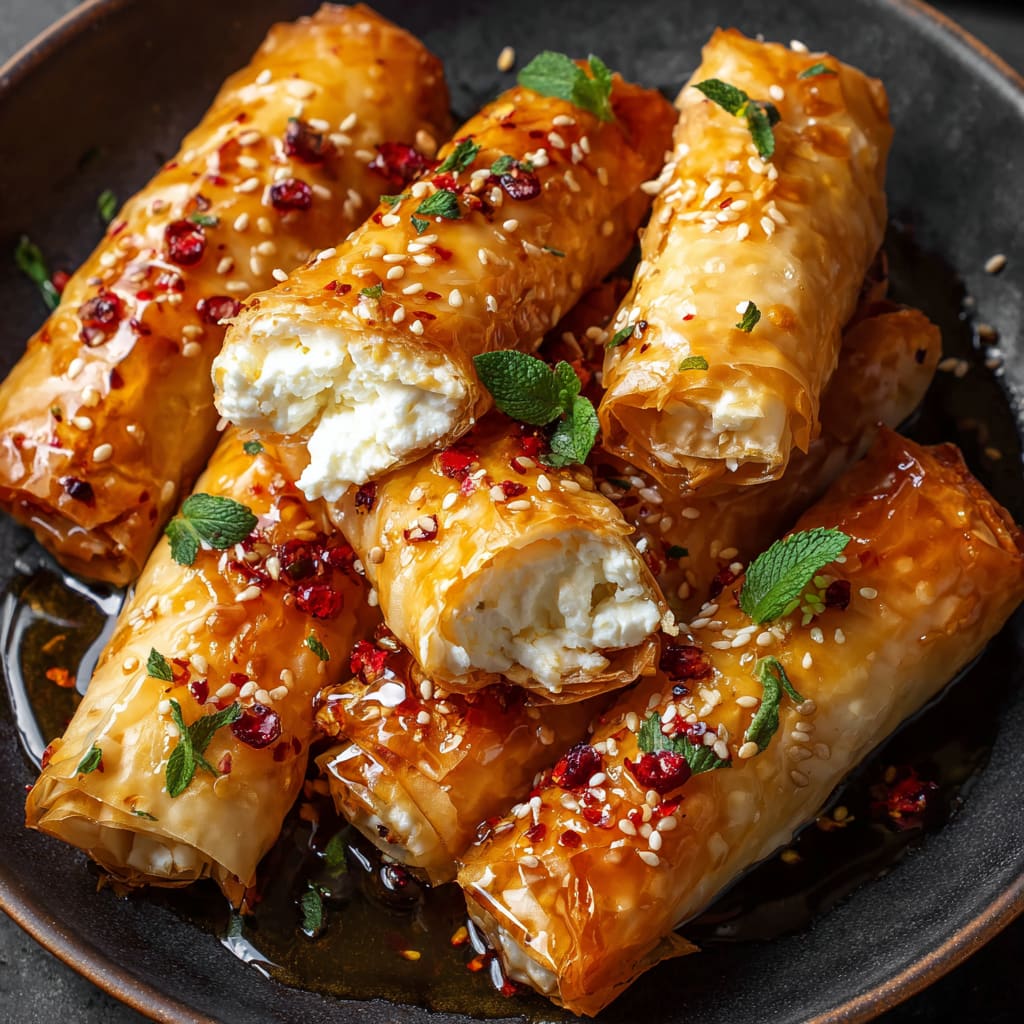 Oven-Fried Feta Rolls with Chili Honey